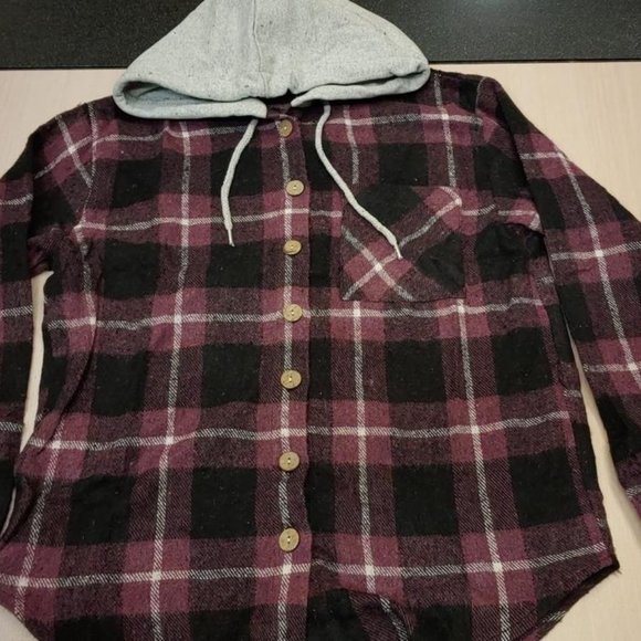 Unbranded Tops - BUTTON Shirts Hoodie Plaid Flannel Long Sleeve- Purple plaid